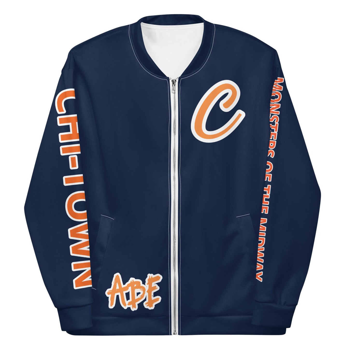 ABE Brings you your favorite Bears Football team in stlye with this All-Over-Print Unisex Bomber jacket. Team Colors popping vibrant with flavor. The Monsters of the Midway Jacket will have the crowd watching you more than the game. With a brushed fleece inside, and a relaxed unisex fit, this Bomber Jacket is just the stuff of your dreams, so be quick to grab yourself one! ABE Bears Football Unisex Bomber Jacket.