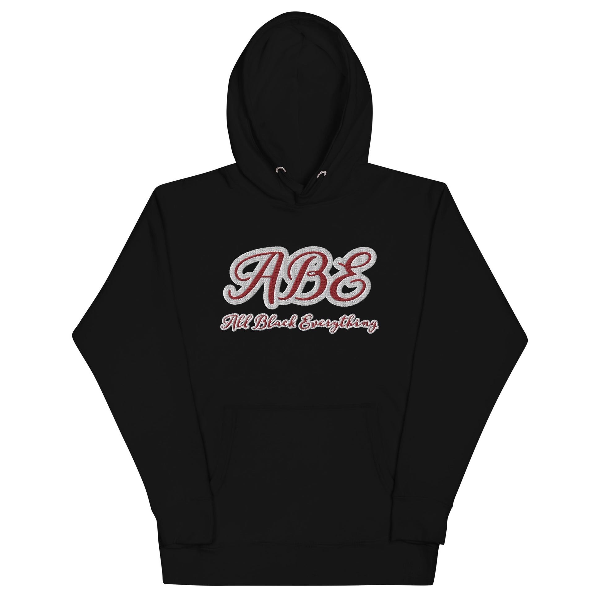 ABE All Black Everything Burgundy Embroidery Unisex Hoodie features stylish embroidery on a classic black background.
