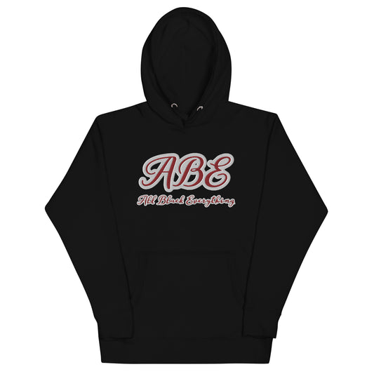 ABE All Black Everything Burgundy Embroidery Unisex Hoodie features stylish embroidery on a classic black background.
