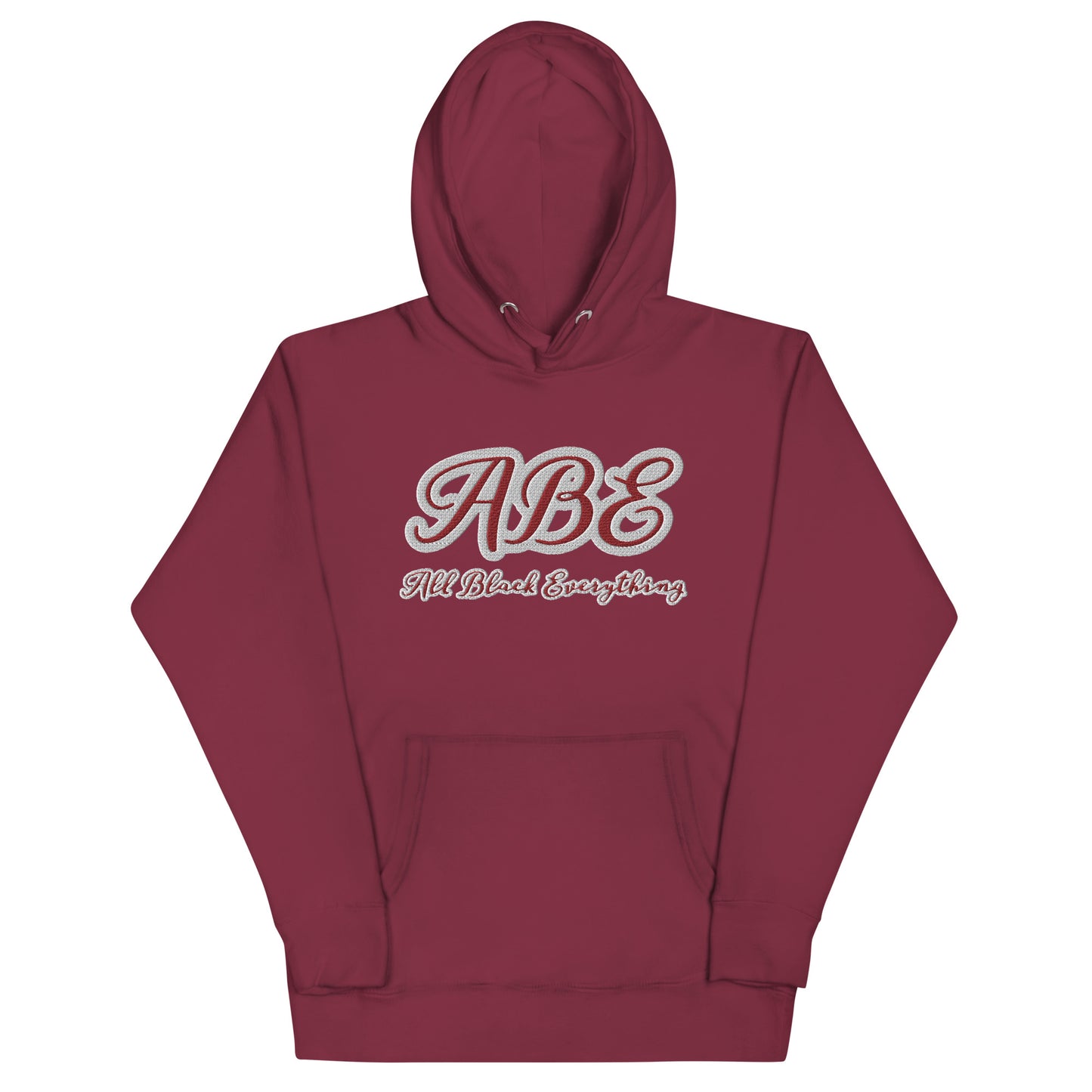 ABE All Black Everything Burgundy Embroidery Unisex Hoodie showcases stylish embroidery on a soft maroon fabric.