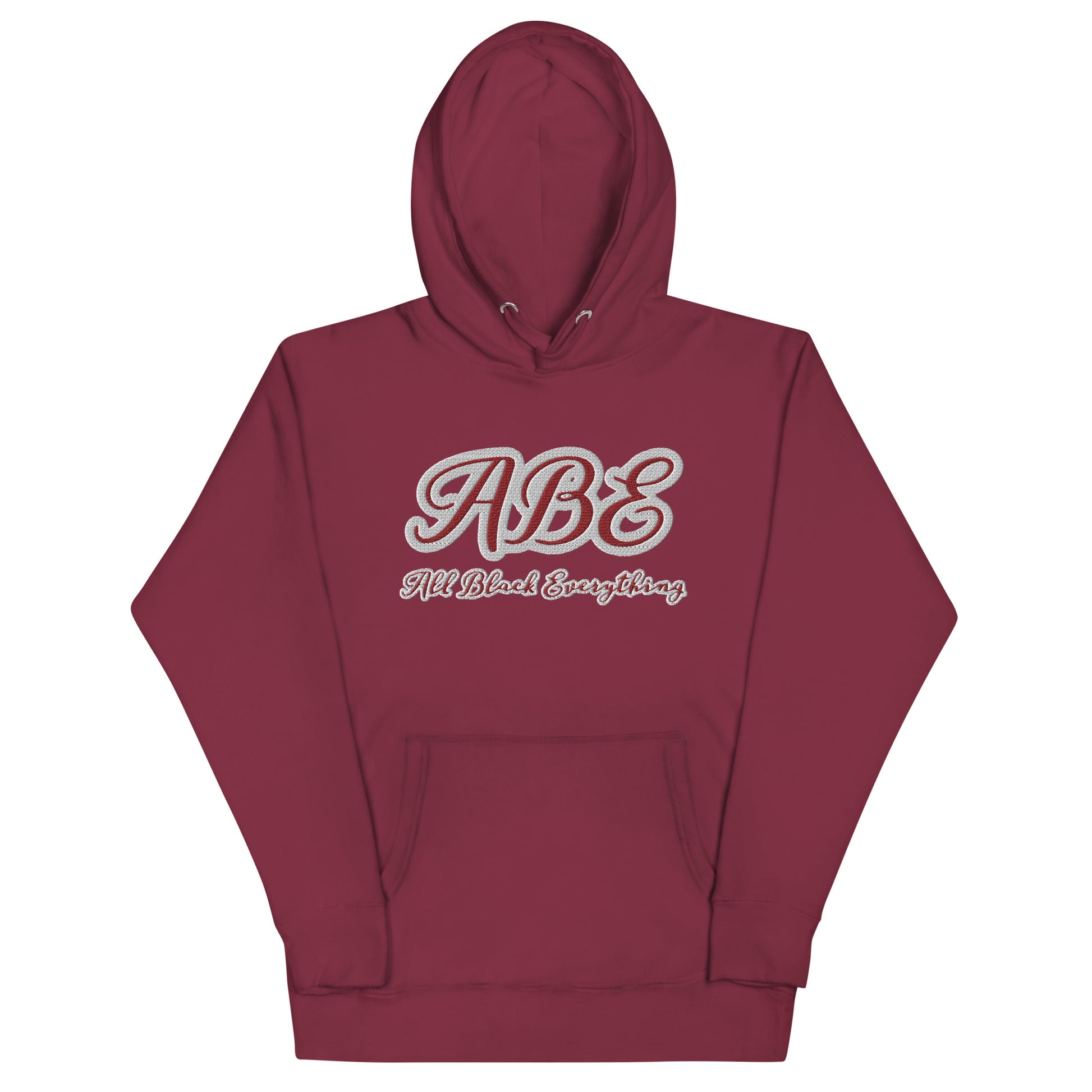 ABE All Black Everything Burgundy Embroidery Unisex Hoodie showcases stylish embroidery on a soft maroon fabric.