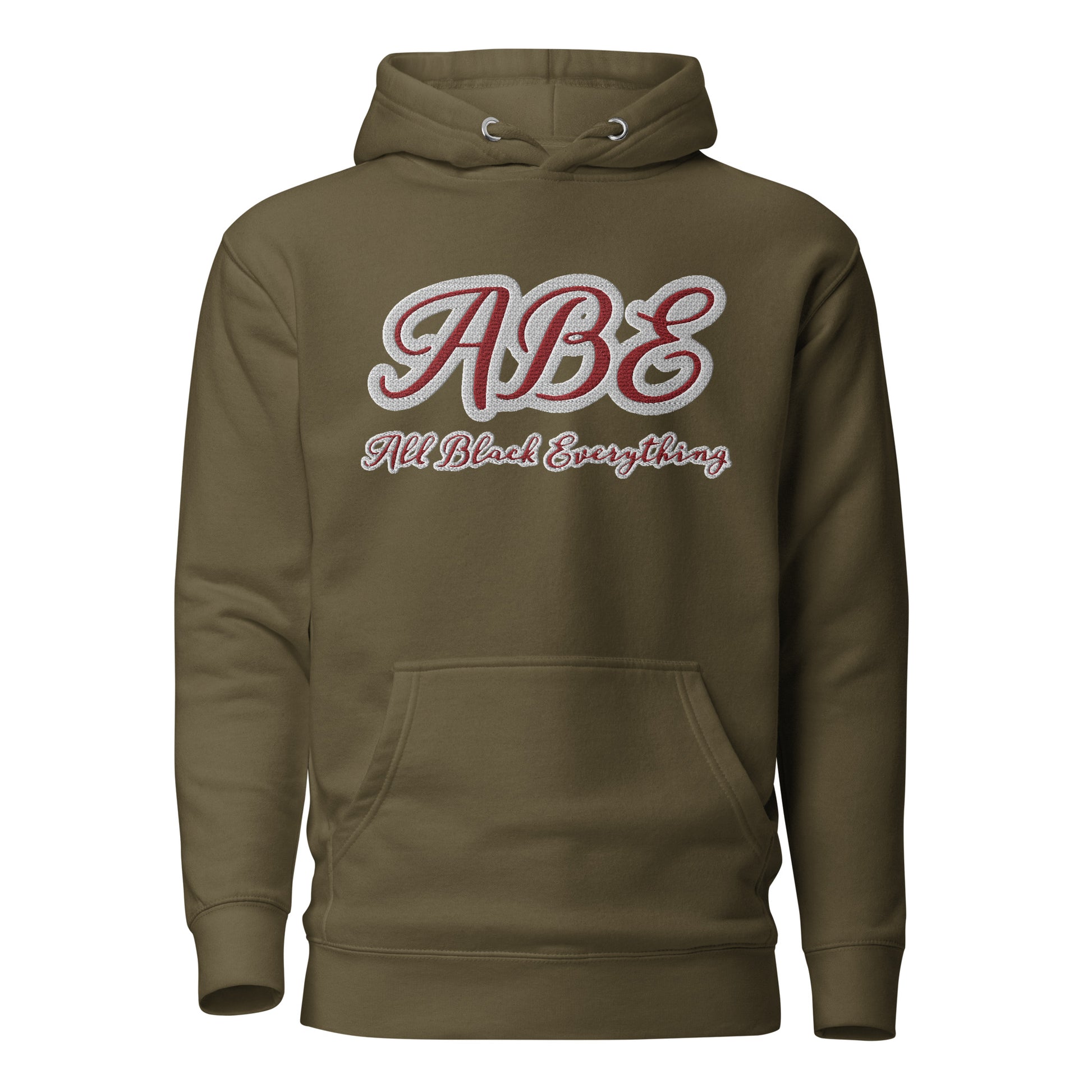 ABE All Black Everything Burgundy Embroidery Unisex Hoodie in military green, showcasing stylish streetwear design.
