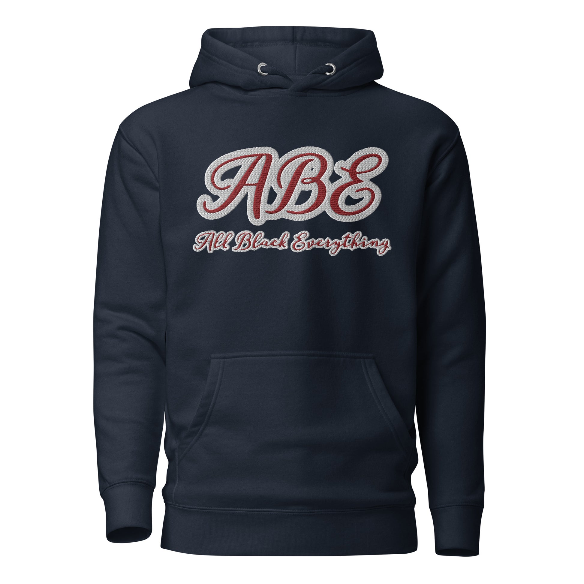 ABE All Black Everything Burgundy Embroidery Unisex Hoodie in navy, combining style and comfort for the ultimate wardrobe upgrade.