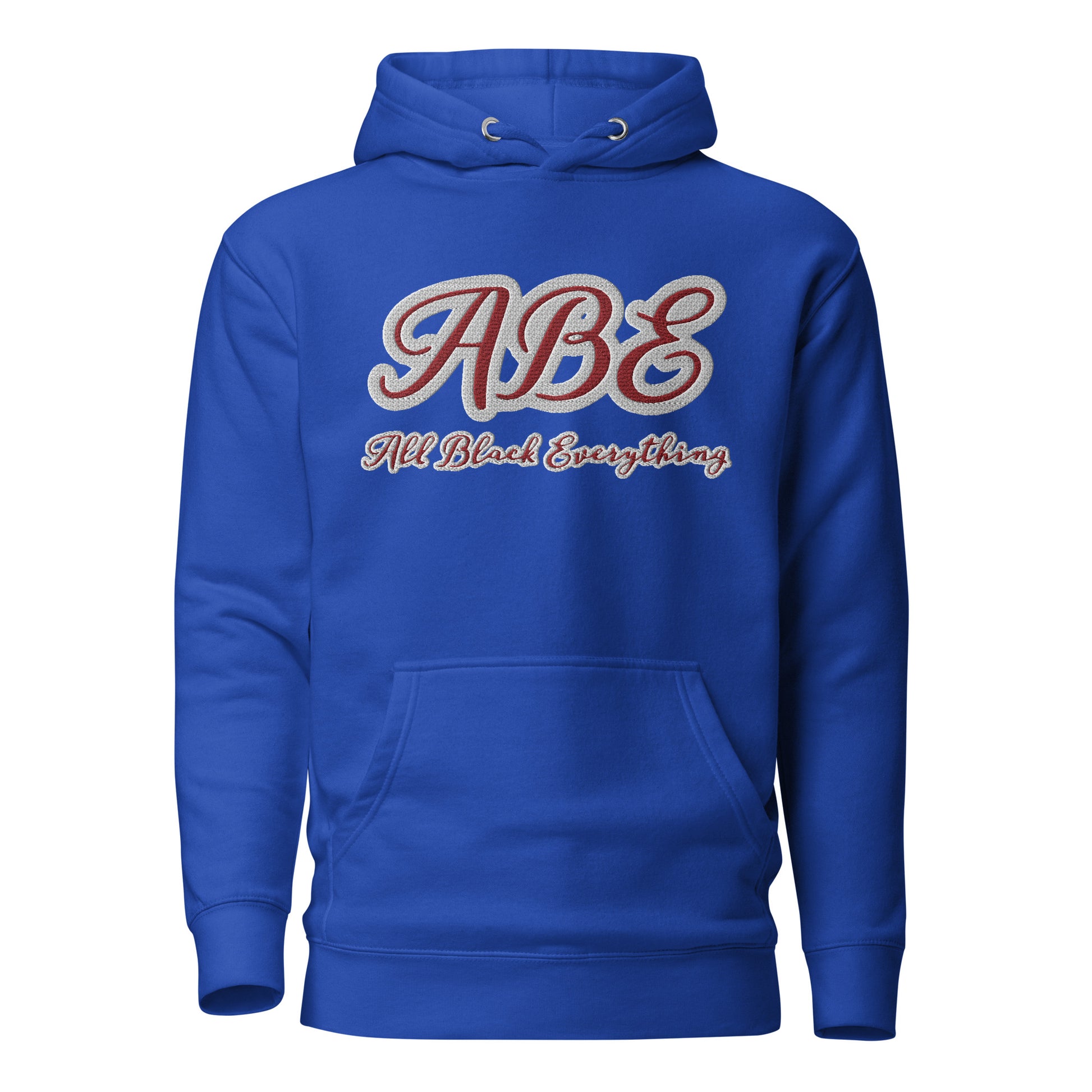 ABE All Black Everything Burgundy Embroidery Unisex Hoodie in vibrant blue, perfect for stylish and comfortable streetwear.