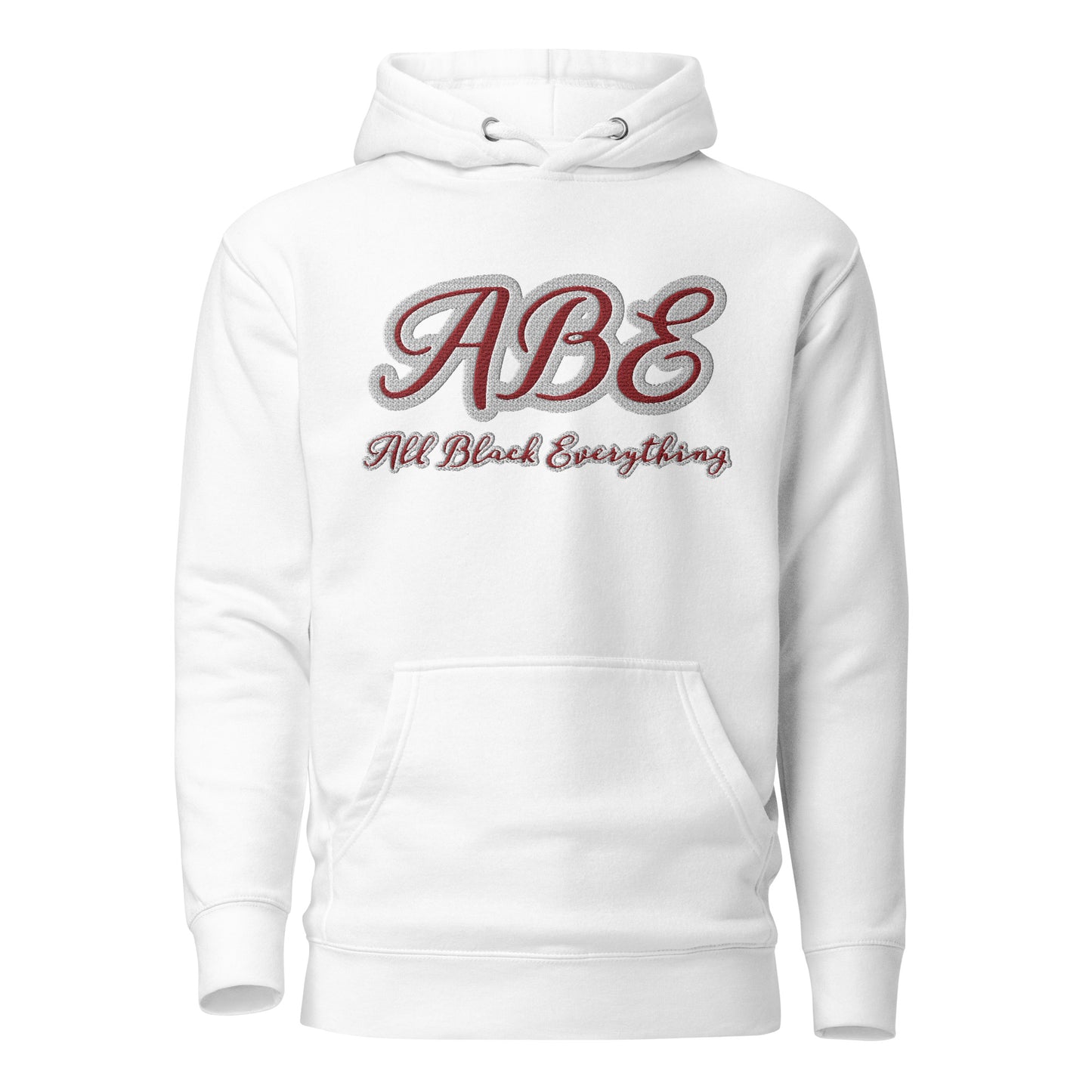 ABE All Black Everything Burgundy Embroidery Unisex Hoodie in white, offering style and comfort for any wardrobe.