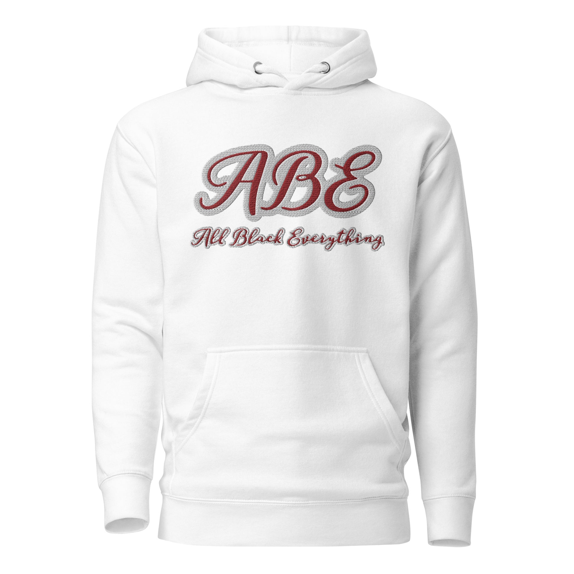 ABE All Black Everything Burgundy Embroidery Unisex Hoodie in white, offering style and comfort for any wardrobe.