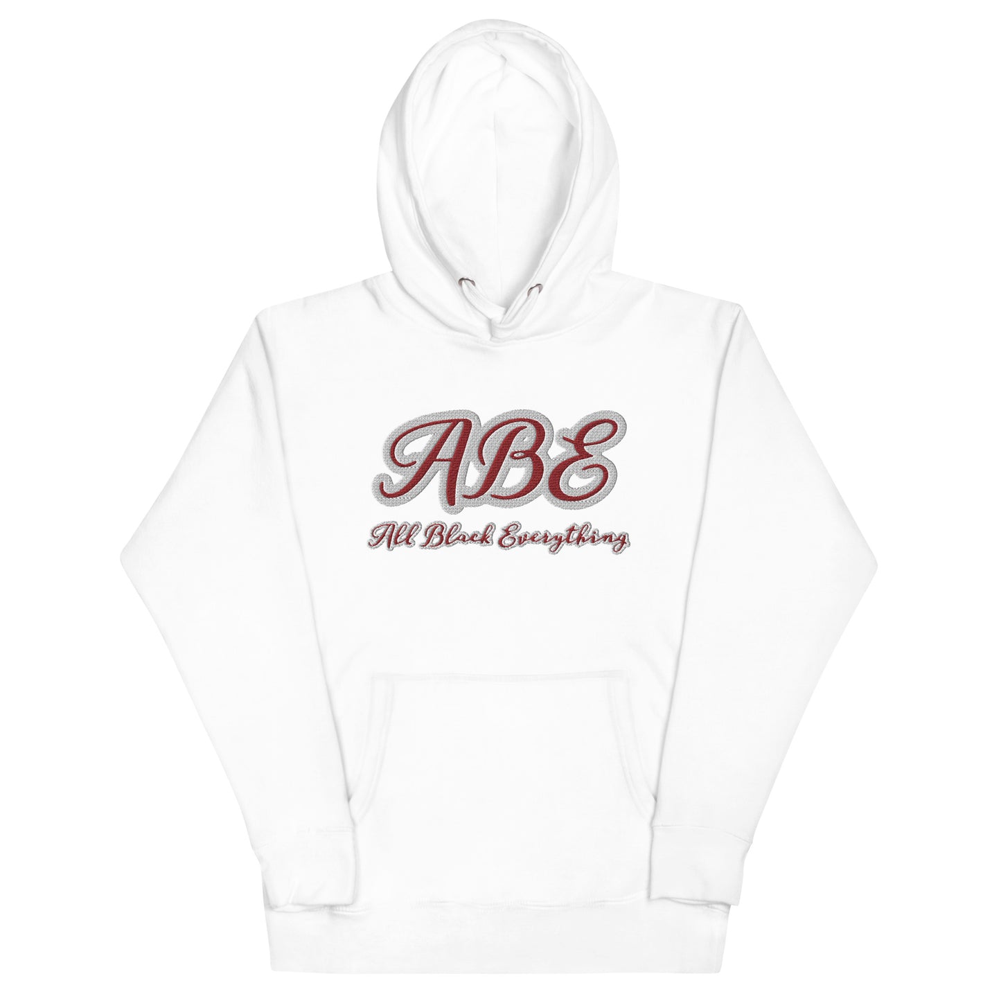 ABE All Black Everything Burgundy Embroidery Unisex Hoodie in white, showcasing stylish embroidery for ultimate comfort.