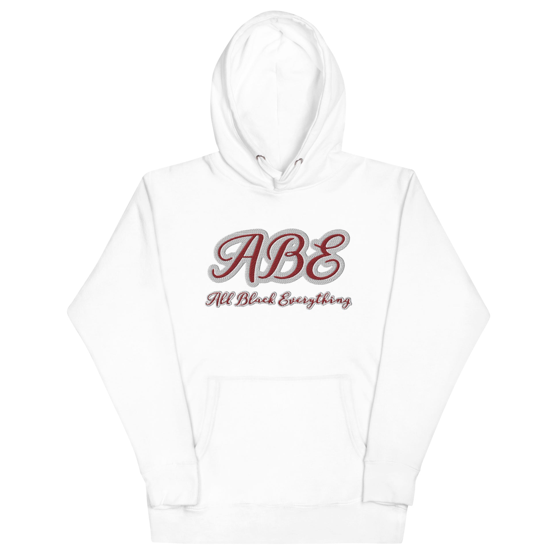 ABE All Black Everything Burgundy Embroidery Unisex Hoodie in white, showcasing stylish embroidery for ultimate comfort.